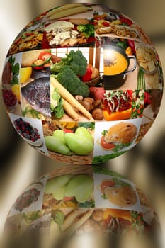 Various food images in 3d foot ball over abstract background.  