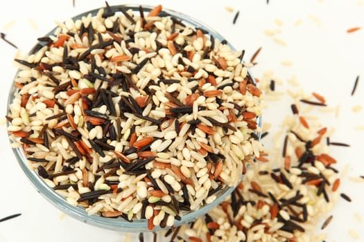 Glass bowl of various whole grain rice.  Brown, wild, black, long, short, medium, paddy, wax, rough, arborio, jasmine, japonica, della, delrose, delmont, sweet, 