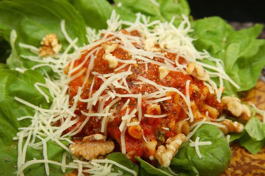 Gorgonzola, Italian blue cheese, with walnuts and basil rolled in lasanga noodles on a bed of spinach.