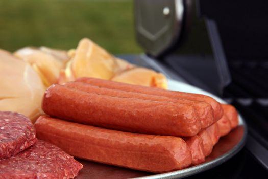 Platter of hotdogs, chicken and burgers ready for the barbecue.