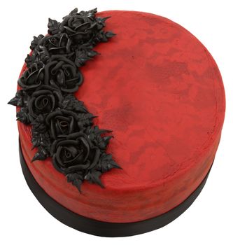 Beautiful red and black goth cake over white background.