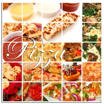 Various pizza and pizza ingredient foods together in a collage.  Pizza, pizza sticks, pizza rolls, toppings, dip, pizza break, pizza boats.