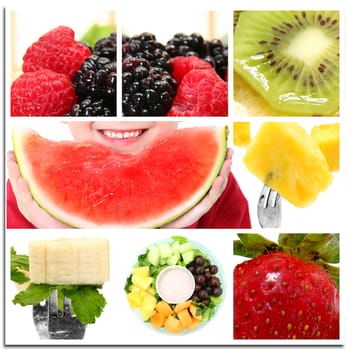 Collage of watermellon, strawberry, blackberry, raspberry, banana, mint, kiwi, pineapple, cantelope, grapes and boys smile.