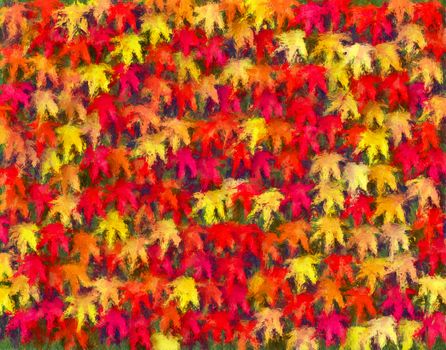 Impressionist-style painting of maple leaves in the autumn