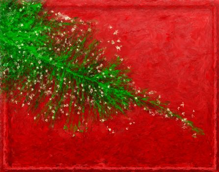 Impressionist-style painting of a green fir branch with Christmas glitter on a red background