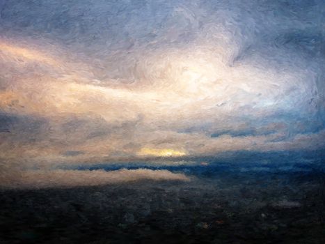Impressionist-style painting of a cloudy dawn landscape