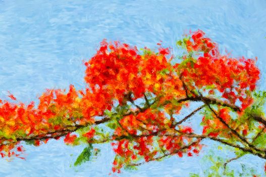 Impressionist-style painting of a branch of red flowers