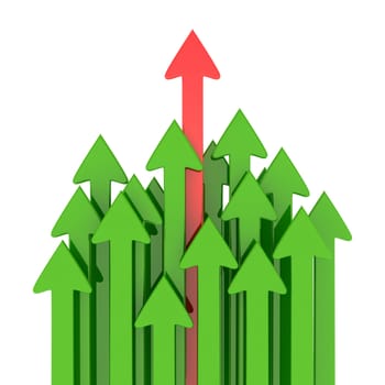 Red arrow ahead of green arrows isolated on the white background