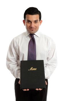 Businessman owner or a waiter presenting a black menu folder, or other.  White background.