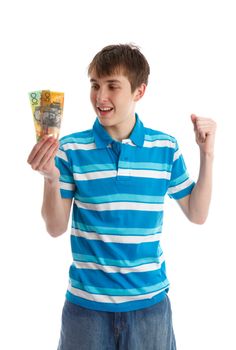 Teenage boy holding money, a 100 and 50 dollar banknote in his hand.