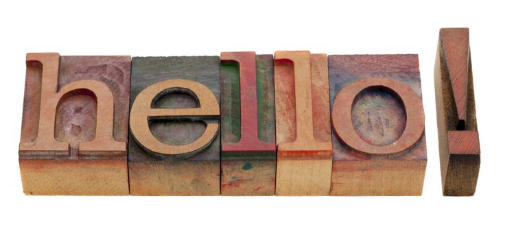 hello greetings - word in vintage wooden letterpress printing blocks isolated on white