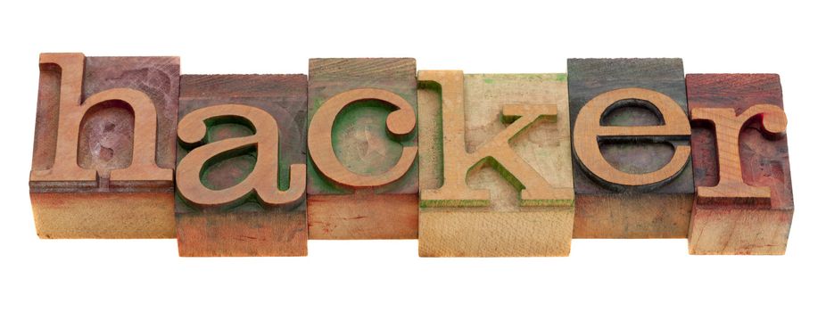 hacker word in vintage wooden letterpress printing blocks isolated on white