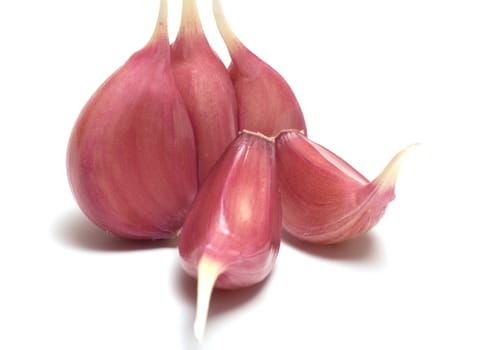 Garlic segments close up on a white background.