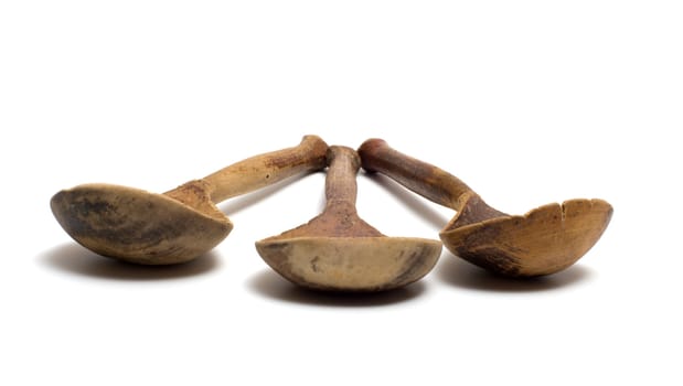 Three ancient wooden spoons on a white background.