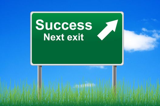 Success next exit road sign on sky background.