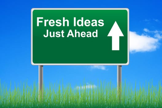 Fresh ideas road sign on sky background, grass underneath.