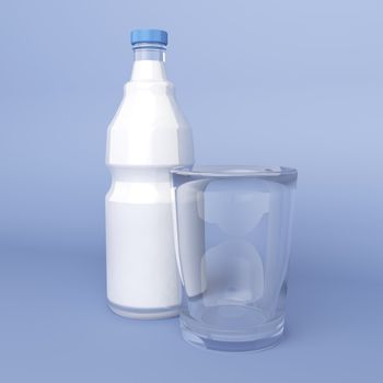 Milk in a glass bottle and empty glass on blue background