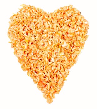 Heart made of dried shrimps, isolated on a white background