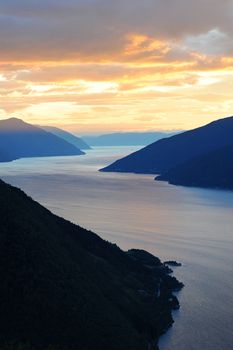 Aerial view of Norwegian fjords at sunset