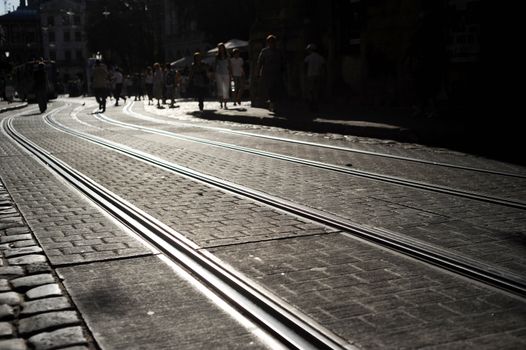 Rail tracks  cobblestone street  in center of  Lviv, Ukraine