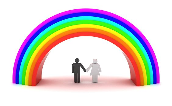 Man and woman under rainbow. 3d objects isolated on the white background.