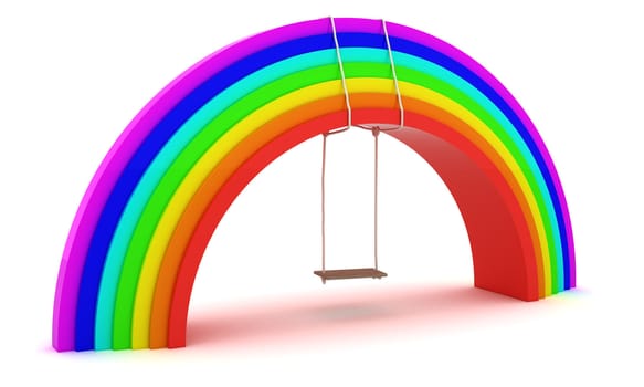 Wooden swing on the rainbow. 3d objects isolated on the white background.