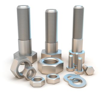 Metal bolts and screws isolated on the white background