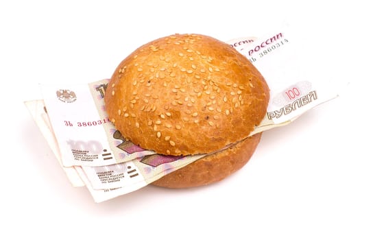 Sandwich with russian rubles isolated on a white background
