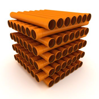 Pile of brown drain pipes isolated on white background