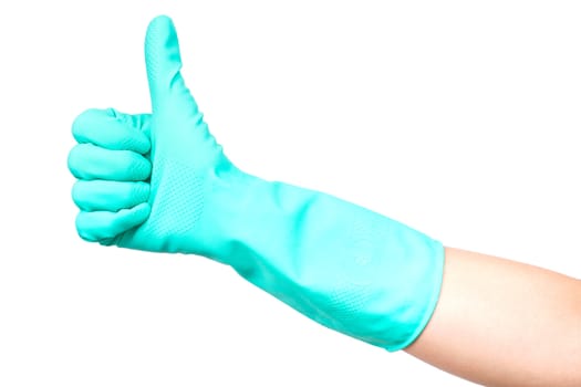 Hand with thumb up in green protective glove, isolated on a white background