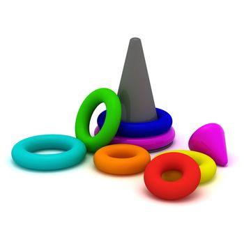 Scattered multicolored rings of toy pyramid