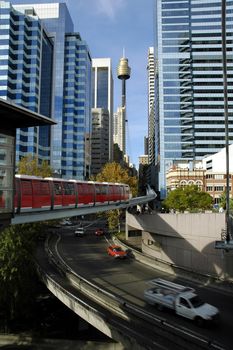 red monorail and Sydney tower in background