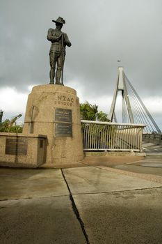 soldier sculpture in front of Anzac Bridge in Sydney