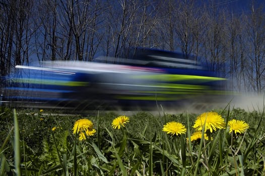 speeding rally car, motion blur, yellow flowers in foreground
