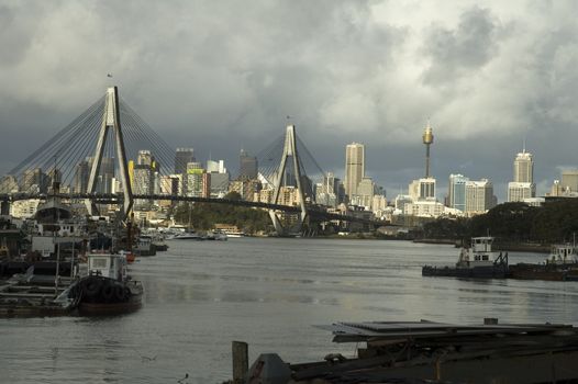 grey photo of industrial sydney, Anzac Bridge and Sydney Tower, Rozelle Bay