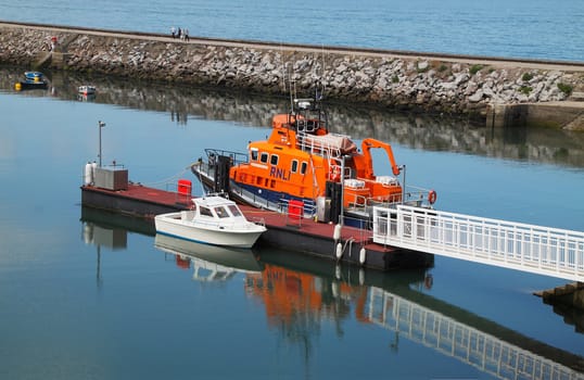 The lifeboat in the harbour at Brixham in Devon, England.