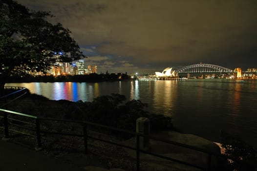 Sydney landmarks at night; photo taken from Royal Botanic Gardens