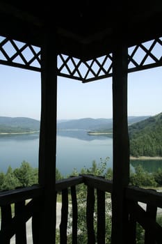 nature lake scenery viewed from wooden lookout, photo taken in East of Slovakia - lake Starina