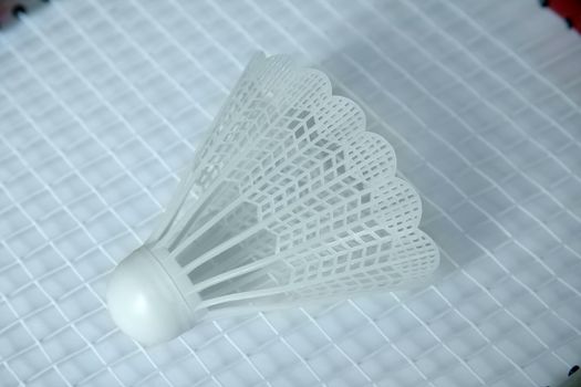 white badminton basket on racket strings