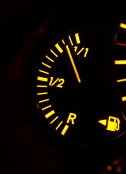 Fuel indicator on a car dashboard, tank is almost full