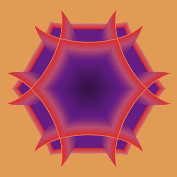 A six sided abstract fractal done in shades or purple, orange, and gold.