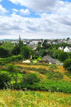 Scenic view from a hilltop on town of Carnac, South Brittany, France