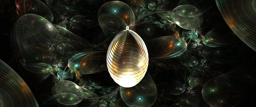 A fractal digitally-rendred image of a shiny glass ornament in a fantasy holiday tree.