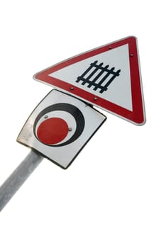 Railway crossing traffic sign isolated on white