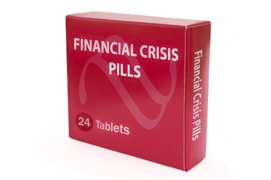 A single red medicine pack with the words "Financial Crisis Pills" and arranged over white.