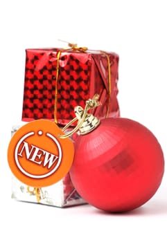 gift and christmas balls with new tag