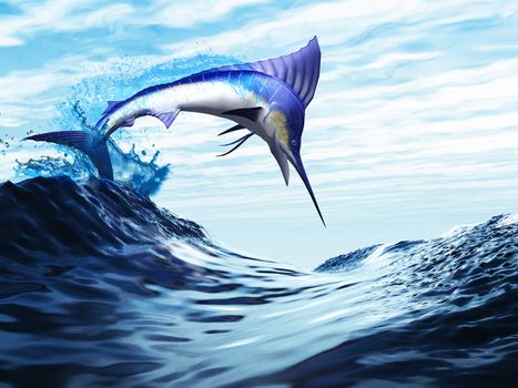 A beautiful blue marlin bursts through a wave in a spectacular jump.