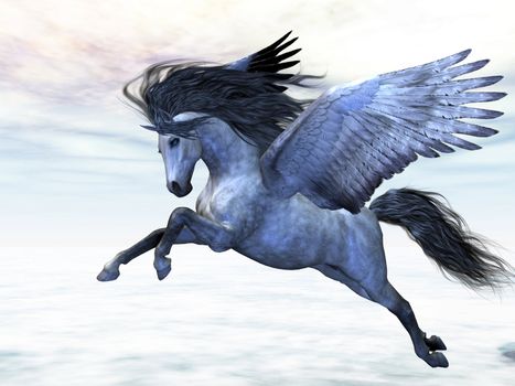 Pegasus flies high in the air over the clouds.