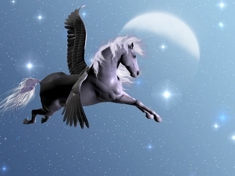 Silver Pegasus flies near the stars and the moon on a bright night.