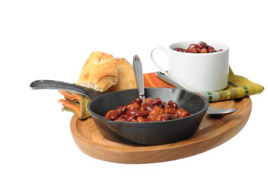 Skillet of delicious and spicy baked beans.